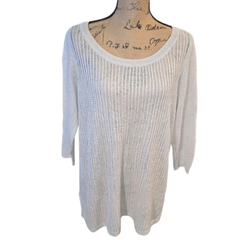 Talbots Linen Blend White Metallic Silver Open Weave Pullover Sweater Size‎ 2XP